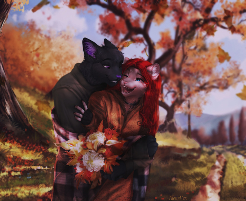 2021 5_fingers alenkavoxis anthro breasts clothed clothing day detailed_background digital_media_(artwork) domestic_cat felid feline felis female fingers hair mammal open_mouth outside pink_nose purple_eyes purple_nose red_hair sky smile teeth tongue