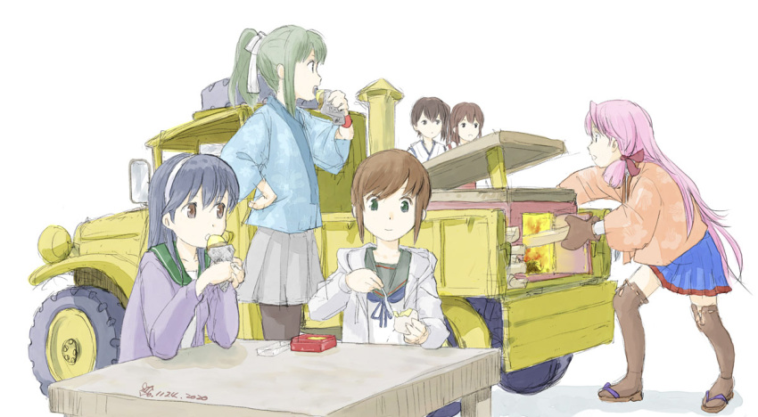 6+girls akagi_(kantai_collection) akashi_(kantai_collection) bangs black_legwear blue_hair brown_hair curvadosdunas dated eating food fubuki_(kantai_collection) green_hair ground_vehicle hair_ribbon hairband jacket kaga_(kantai_collection) kantai_collection long_hair low_ponytail motor_vehicle multiple_girls pantyhose pink_hair ponytail ribbon sailor_collar sandals school_uniform serafuku side_ponytail sidelocks simple_background sitting skirt standing sweet_potato table thighhighs tress_ribbon truck ushio_(kantai_collection) white_background yuubari_(kantai_collection)