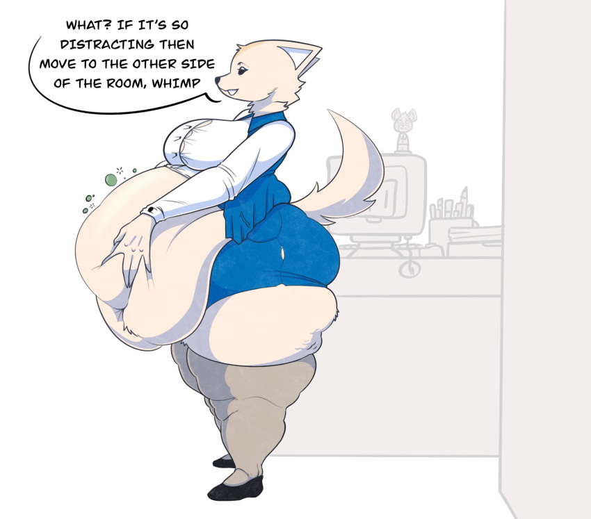 aggressive_retsuko anthro beady_eyes belly belly_overhang big_belly big_breasts big_butt bottomwear breasts butt canid canine cellulite clothed clothing computer deep_navel deep_skin desk dialogue dress_shirt english_text female fennec fenneko footwear fox fur furniture hi_res holding_belly huge_thighs legwear love_handles mammal navel obese obese_anthro obese_female office open_clothing open_mouth overweight overweight_anthro overweight_female partially_clothed raised_clothing raised_shirt raised_topwear rumbling_stomach sanrio shirt shoes side_view skirt smokii solo speech_bubble squish standing stockings straining_buttons tan_body tan_fur text thick_thighs thigh_squish tight_clothing tight_legwear tight_shirt tight_topwear topwear torn_bottomwear torn_clothing torn_skirt vest