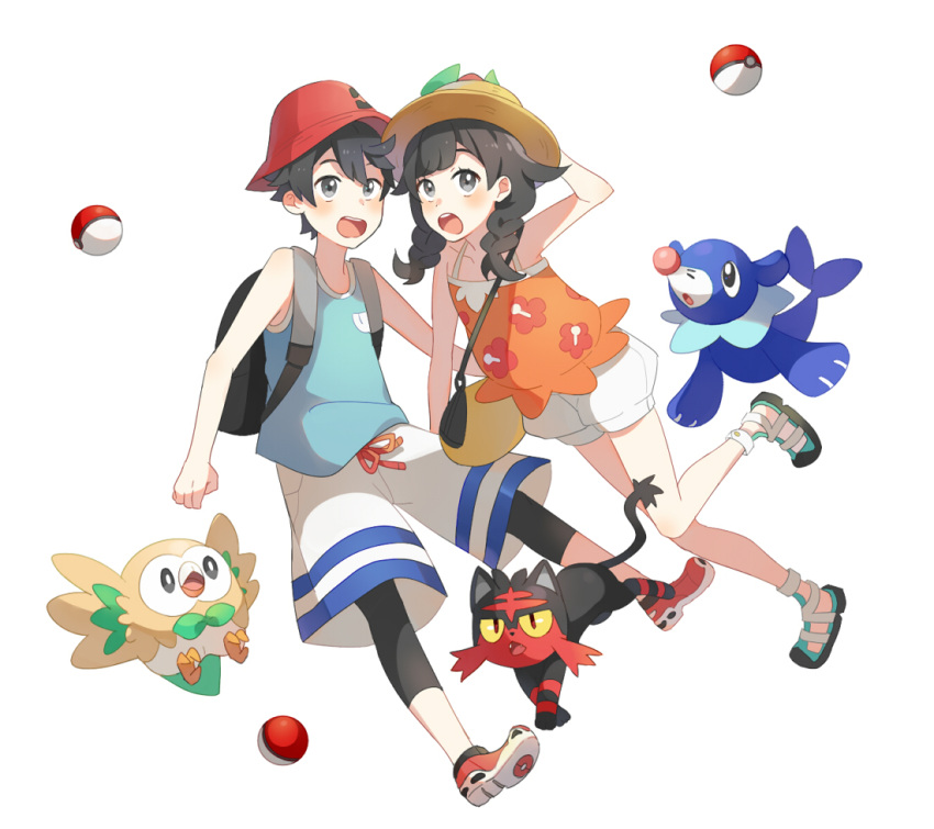 1boy 1girl arm_up backpack bag bangs bare_arms black_bag blush braid commentary_request elio_(pokemon) gen_7_pokemon green_tank_top hat leggings litten open_mouth poke_ball poke_ball_(basic) pokemon pokemon_(creature) pokemon_(game) pokemon_usum popplio red_headwear rowlet selene_(pokemon) shoes shoulder_bag starter_pokemon_trio tank_top teeth tongue twin_braids unapoppo