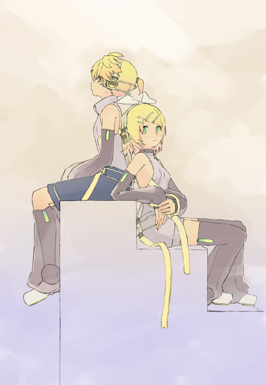 1boy 1girl absurdres bangs bare_shoulders belt black_shorts black_sleeves blonde_hair bow breasts commentary d_futagosaikyou detached_sleeves from_side full_body green_eyes hair_bow hair_ornament hairclip highres kagamine_len kagamine_len_(append) kagamine_rin kagamine_rin_(append) leg_warmers light_smile looking_to_the_side shirt short_hair short_ponytail shorts sideways_glance sitting sleeveless sleeveless_shirt small_breasts spiked_hair stairs swept_bangs vocaloid vocaloid_(tda-type_ver) vocaloid_append white_bow white_shirt