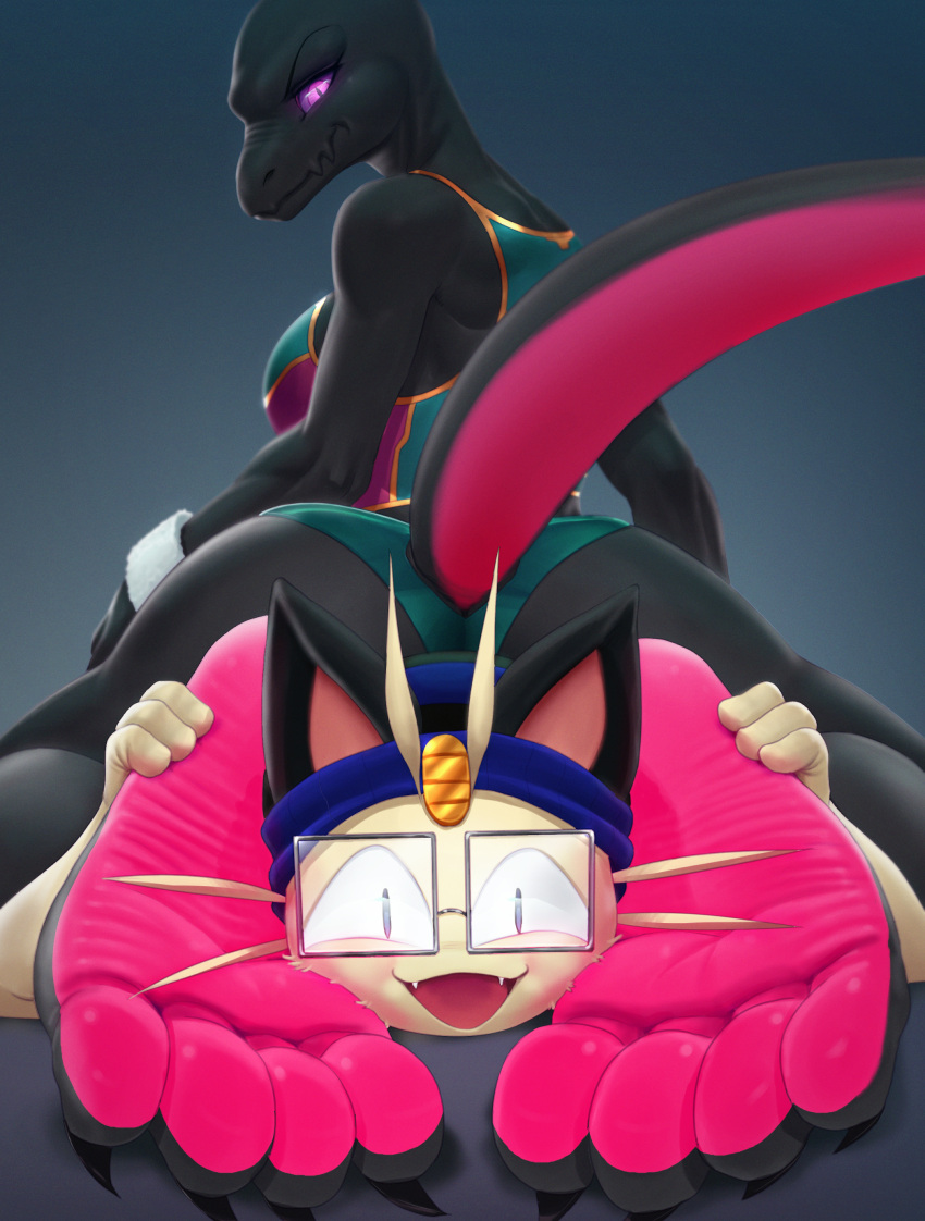 4_toes absurd_res anthro black_body black_skin claws clothed clothing countershade_feet countershading duo eyewear feet female foot_fetish foot_focus glasses glistening glistening_body glistening_skin hat headgear headwear hi_res jinu_(character) looking_back male male/female meowth nintendo open_mouth pheromones pink_body pink_eyes pink_feet pink_skin pink_soles pok&eacute;mon pok&eacute;mon_(species) puffypinkpaws pupils salazzle skin_folds slit_pupils soles stella_(cornchip21) toe_claws toes video_games wrinkly_feet
