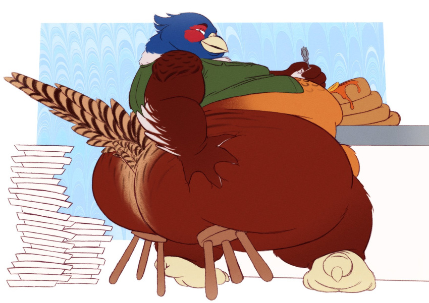 2020 anthro avian beak belly big_belly big_butt bird bird_feet blue_body blue_feathers bottomless brown_body brown_feathers butt butt_focus butt_grab chubby_cheeks clothed clothing common_pheasant digital_drawing_(artwork) digital_media_(artwork) diner eating feathers food furniture galliform hand_on_butt hi_res huge_butt looking_back male moobs multicolored_body multicolored_feathers obese obese_anthro obese_male overeating overweight overweight_anthro overweight_male pancake phasianid phasianus plate presenting presenting_hindquarters rear_view shirt sitting smile solo stool syrup tail_feathers thick_thighs topwear vetoknox weight_gain wide_hips yellow_beak