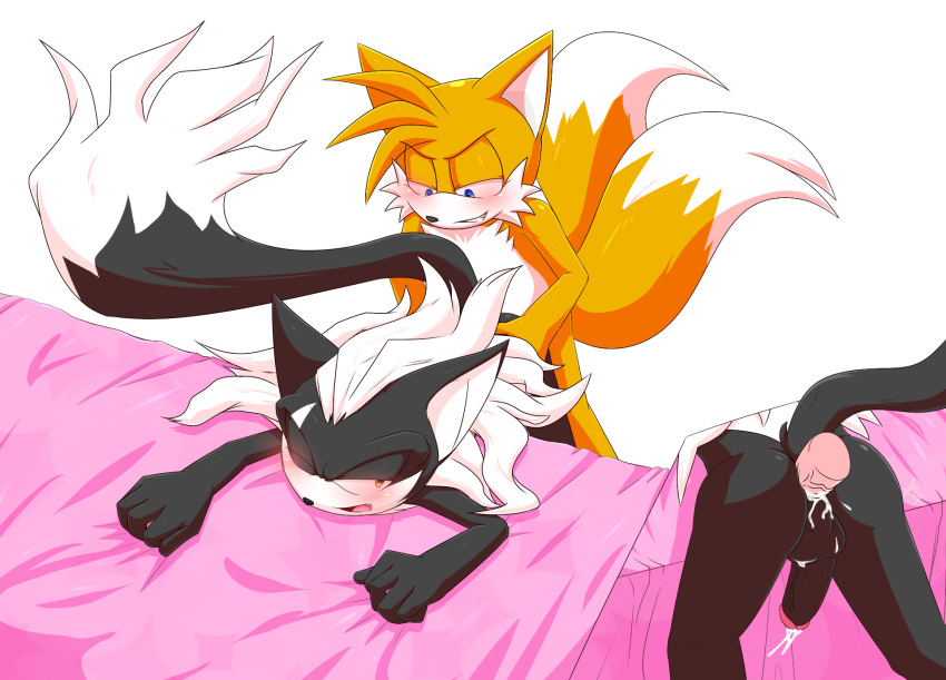 alpha_channel anal anthro balls bed bed_sheet bedding black_body black_fur blue_eyes blush bodily_fluids canid canine canis cum cum_while_penetrated duo fox fur furniture genital_fluids genitals hi_res infinite_(sonic) jackal male male/male male_penetrated male_penetrating male_penetrating_male mammal miles_prower nude one_eye_closed orange_body orange_fur penetration penis smile sonic_forces sonic_the_hedgehog_(series) video_games xxkenthewolfxx yellow_eyes