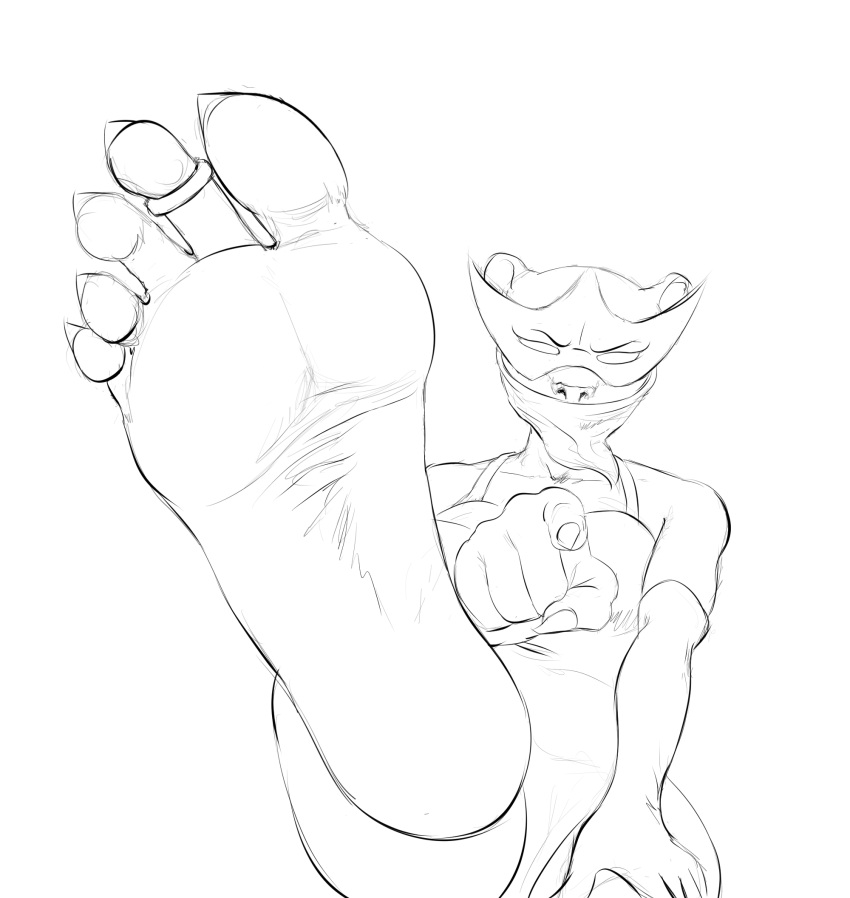 2021 5_toes angry anthro bandanna claws digit_ring feet felid female foot_focus gesture hi_res humanoid_feet jewelry kerchief looking_at_viewer mammal mask monochrome ms._rene&eacute;_l'noire pantherine pointing pointing_at_viewer ring sketch soles solo staerk toe_claws toe_ring toes