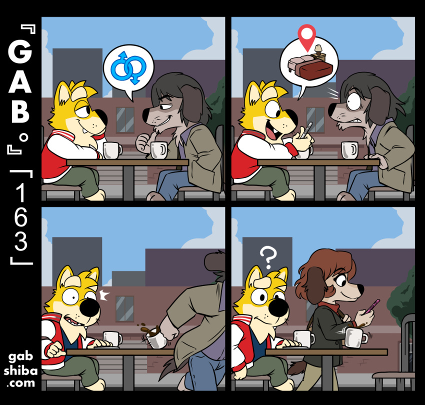 ? anthro brown_hair canid canine canis cellphone clothed clothing coffee_mug coffee_shop comic confused_look dating_app domestic_dog duo escaping female flirting furniture gab_shiba gabshiba gender_symbol hair holding_cellphone holding_object holding_phone male mammal outside phone pictographics running sexuality_symbol shiba_inu sitting_on_chair spitz symbol table walking ♂ ⚣