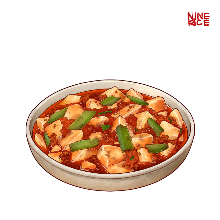 bowl english_text food food_focus highres jiumudao mapo_doufu no_humans original simple_background tofu vegetable white_background