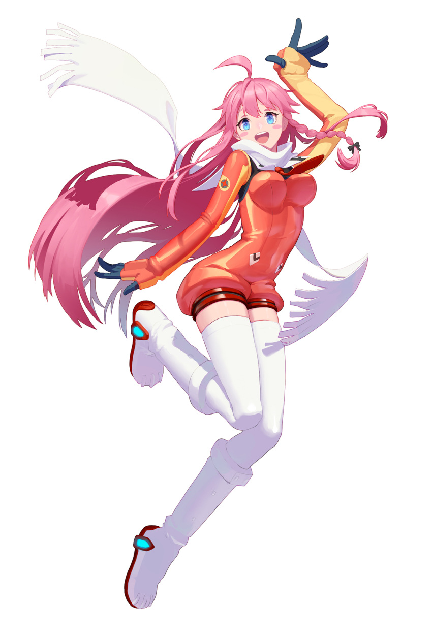 1girl :d ahoge blue_eyes braid breasts elbow_gloves full_body gloves highres huacai long_hair long_sleeves medium_breasts nono_(top_wo_nerae_2!) open_mouth pink_hair scarf smile solo thighhighs top_wo_nerae_2! white_background white_footwear white_legwear white_scarf
