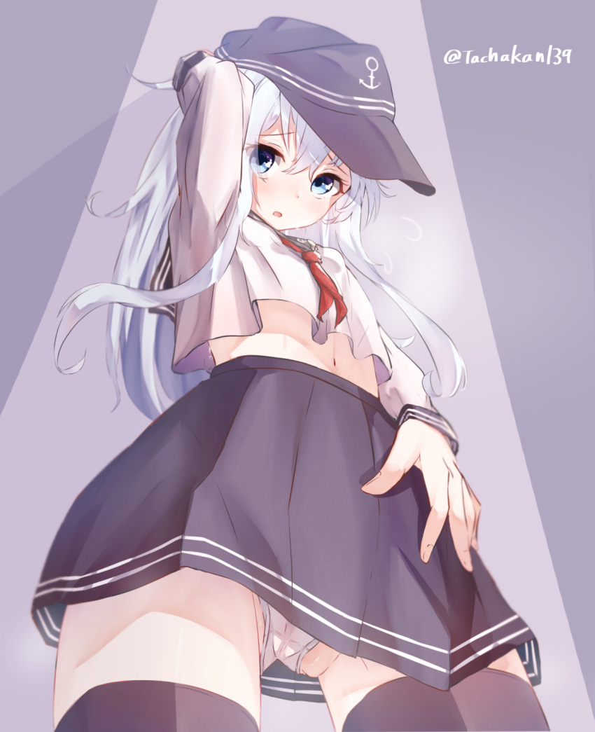 anchor_symbol black_legwear blue_eyes commentary flat_cap from_below hat hibiki_(kantai_collection) highres kantai_collection long_hair navel panties pantyshot school_uniform serafuku tachakan thighhighs twitter_username underwear white_hair white_panties