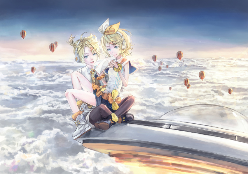 1boy 1girl 54cr above_clouds aircraft bangs blonde_hair blue_eyes boots bow capelet envelope flying_saucer fur-trimmed_boots fur-trimmed_capelet fur_trim hair_bow hair_ornament hairclip headphones highres holding holding_envelope hot_air_balloon kagamine_len kagamine_rin magical_mirai_(vocaloid) open_mouth shirt short_hair short_ponytail short_shorts shorts sitting sitting_on_lap sitting_on_person sky sleeveless sleeveless_shirt smile space_craft spiked_hair swept_bangs ufo vocaloid white_bow white_shirt wide_shot wind wrist_cuffs yellow_neckwear