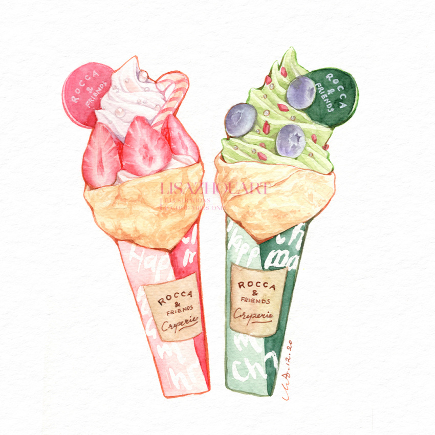 artist_name berries blueberry candy candy_cane cookie crepe food food_focus fruit ice_cream lisazhou_art no_humans oreo original pancake signature simple_background strawberry traditional_media watercolor_(medium) watermark white_background