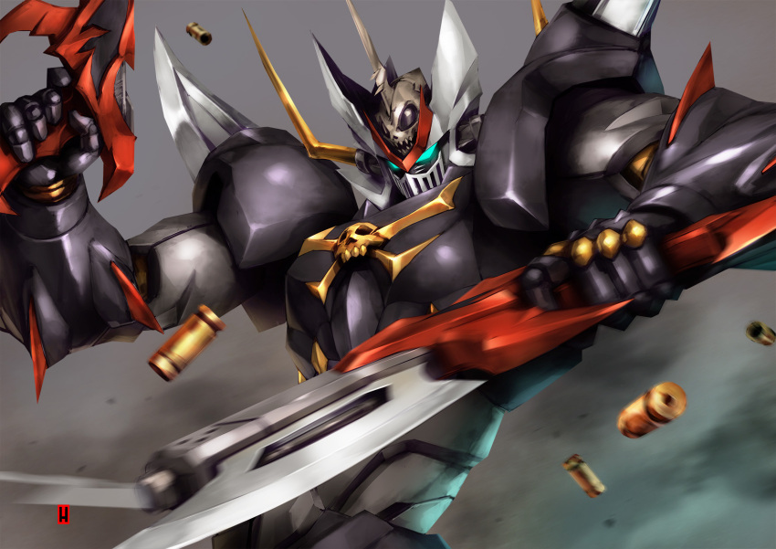 blue_eyes bullet clenched_hand dual_wielding glowing glowing_eyes gun harymachinegun highres holding holding_gun holding_weapon mazinkaiser mazinkaiser_skl mazinkaiser_skl_(mecha) mecha no_humans rifle science_fiction shell_casing skull super_robot v-fin visor weapon