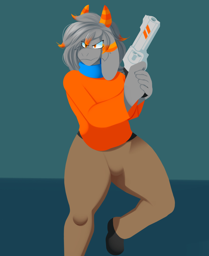 absurd_res anthro artesderatzyu blue_scarf bovid caprine clothing detailed_hair floppy_ears fur goat grey_body grey_fur gun gusta_(gusta) hair handgun hi_res holding_gun holding_object holding_weapon hoodie horn khaki_pants male mammal narrowed_eyes orange_eyes orange_hoodie orange_horn orange_stripes ranged_weapon revolver scarf shaded simple_background solo standing stripes topwear weapon