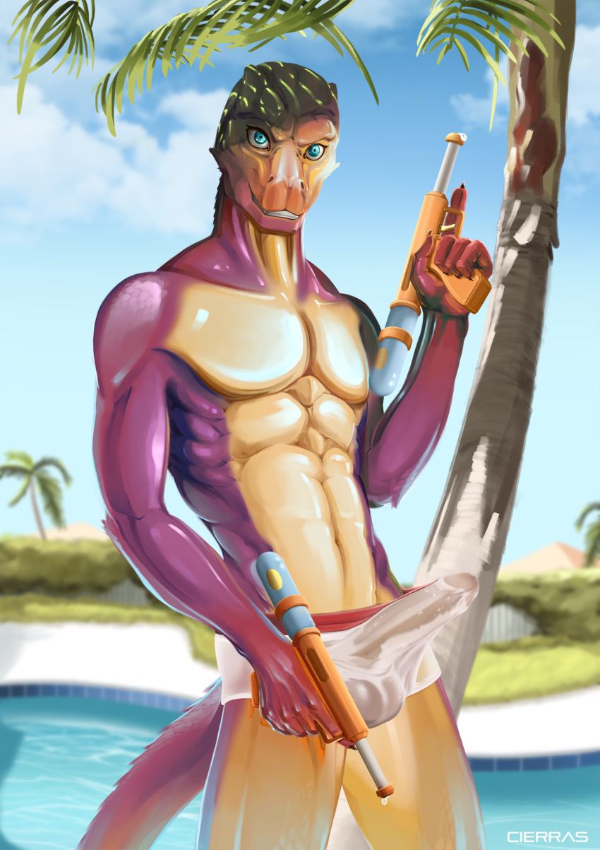 bulge bush_viper cierras clothed clothing erection erection_under_clothing hi_res male old_world_viper plant purple_body purple_skin reptile scalie snake solo standing swimming_pool swimwear tree underwear viper water_gun wet wet_clothing wet_underwear