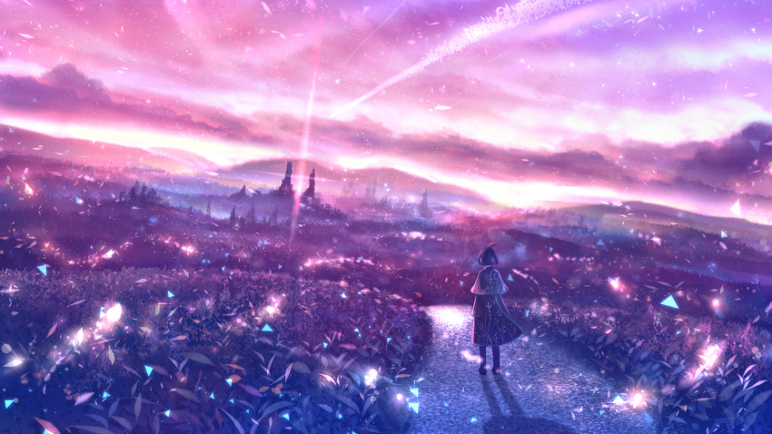 1girl ahoge black_hair blurry bob_cut capelet cloud commentary depth_of_field dress fantasy forest from_behind grass highres hill horizon landscape lens_flare light_particles nature original path purple_theme sakimori_(hououbds) scenery shadow short_hair sky solo tree twilight