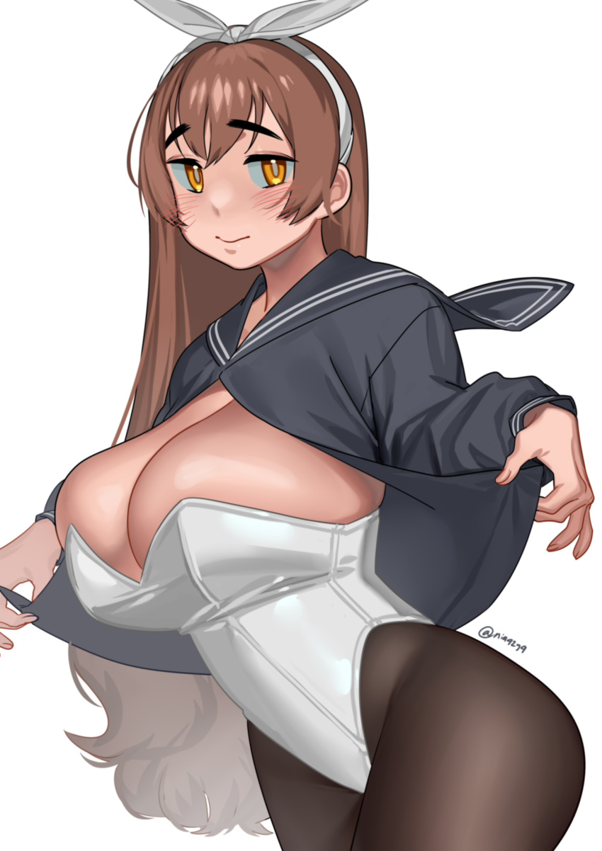 1girl absurdres anko_(nia) black_legwear black_sailor_collar black_shirt blush breasts brown_hair cleavage cowboy_shot eyebrows_visible_through_hair hairband highres large_breasts leotard long_hair looking_at_viewer nia_(nia4294) orange_eyes original pantyhose sailor_collar shirt simple_background solo strapless strapless_leotard twitter_username very_long_hair white_background white_hairband white_leotard