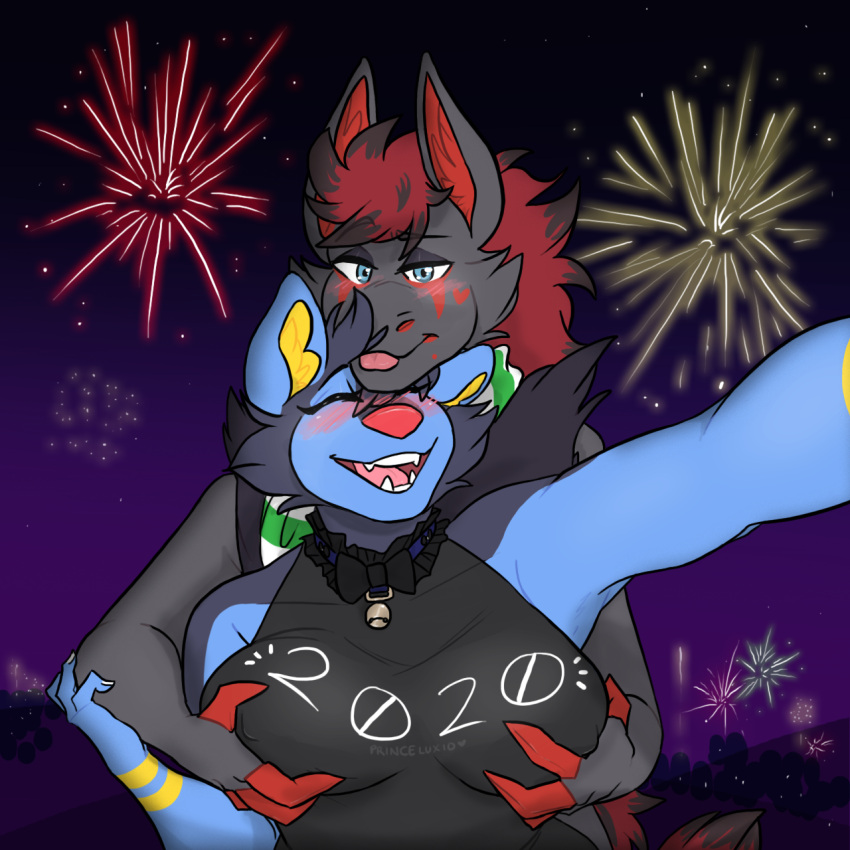 1:1 2020 anthro bell bell_collar blue_body blue_eyes blue_fur blue_hair blush bow breast_grab breast_squish breasts celebration clawed_fingers claws clothed clothing collar duo english_text facial_markings female fireworks fur fur_markings hair hand_on_breast head_markings hi_res holidays hug larger_male looking_at_viewer luxio male male/female markings multicolored_body multicolored_fur new_year new_years_day new_years_eve night nintendo nipple_outline partially_clothed pok&eacute;mon pok&eacute;mon_(species) princeluxio pup_(princeluxio) red_claws red_hair ribbons scarfs selfie size_difference sleeveless_shirt smaller_female smile squish text tongue tongue_out video_games zirkoa_(cirkus) zoroark