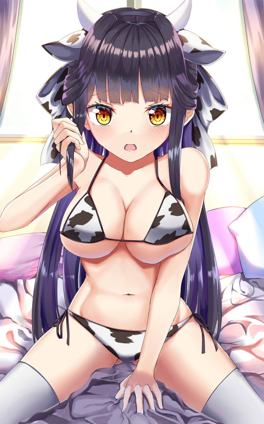 1girl 2021 absurdres animal_costume animal_ears animal_print bikini black_hair blush breasts chinese_zodiac cleavage cow_costume cow_ears cow_girl cow_horns cow_print eyebrows_visible_through_hair highres horns kai_shimako large_breasts looking_at_viewer muvluv muvluv_alternative navel open_mouth ryuu_shuo solo swimsuit swimwear year_of_the_ox yellow_eyes