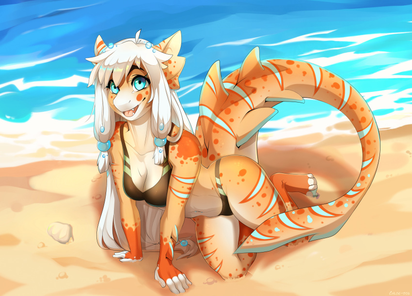 5_fingers anthro bikini blue_eyes breasts chloe-dog cleavage clothed clothing detailed_background female fin fingers fish hair happy hi_res long_hair looking_at_viewer marine non-mammal_breasts open_mouth sand sea shark smaller_version_at_source solo sushi_(sootsprite) swimwear teeth water white_hair