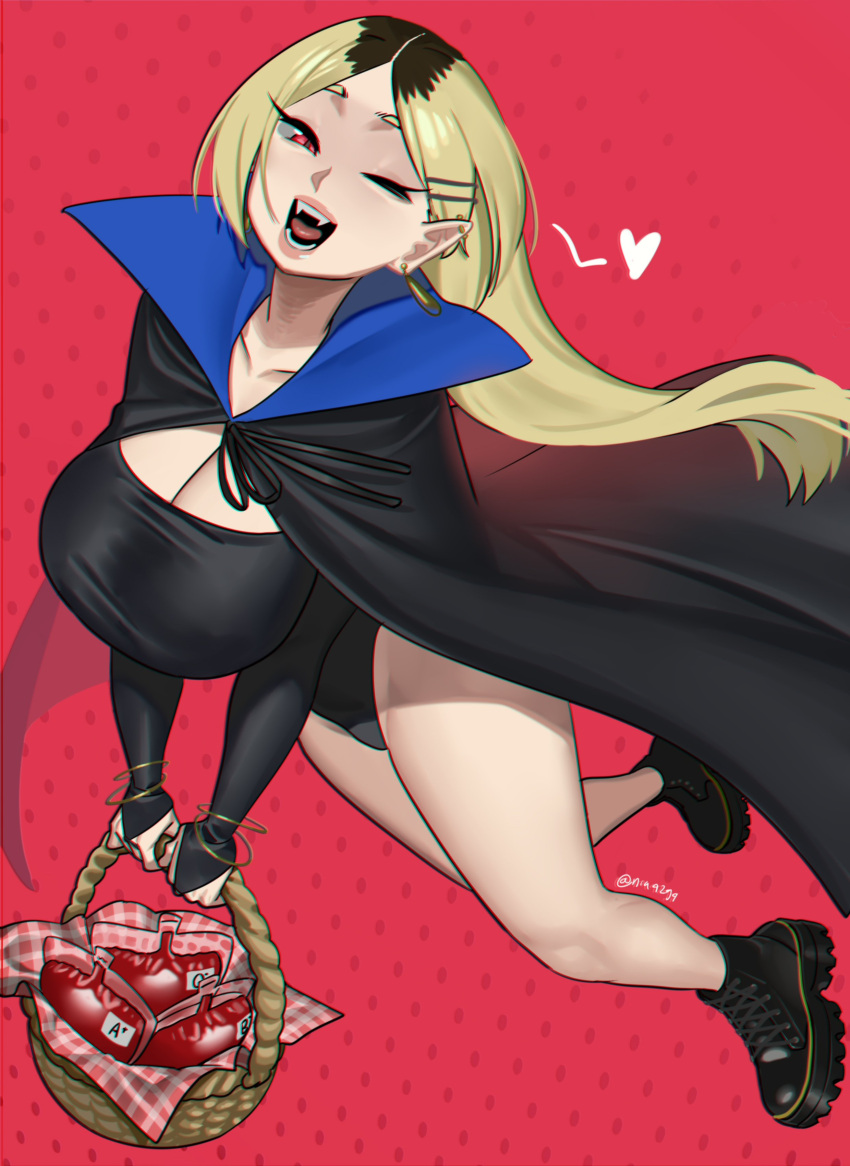1girl absurdres basket black_cape black_footwear black_hair blonde_hair bracelet breasts cape cleavage fangs full_body hair_ornament hairclip heart highres holding holding_basket jewelry looking_at_viewer multicolored_hair nia_(nia4294) one_eye_closed open_mouth original pointy_ears red_eyes shoes smile solo twitter_username two-tone_hair