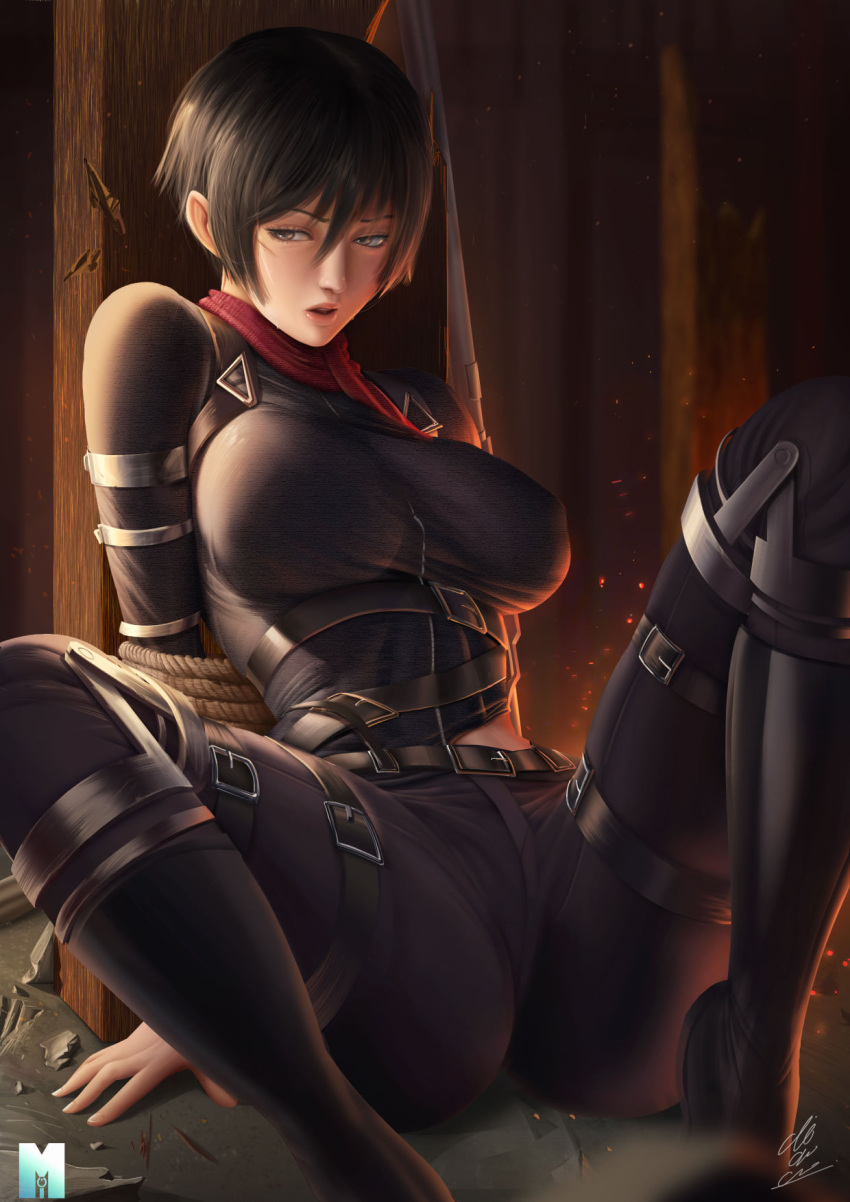1girl belt belt_buckle black_footwear black_hair boots bound breasts brown_eyes buckle commentary_request covered_nipples highres large_breasts looking_away mikasa_ackerman mixed-language_commentary moi'dukdum open_mouth red_scarf rope scarf shibari shingeki_no_kyojin short_hair signature sitting skin_tight solo spread_legs taut_clothes thai_commentary tied_up wood