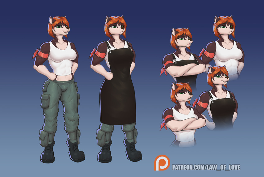 anthro apron badger bartender boots breasts clothed clothing female footwear green_eyes hands_on_hips law_of_love mammal mira_(law_of_love) muscular muscular_anthro muscular_female mustelid musteline patreon reaper3d smile solo text url