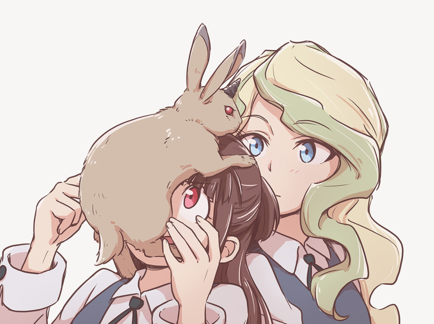 2girls animal_on_head blue_eyes brown_hair bunny diana_cavendish green_hair horns kagari_atsuko little_witch_academia multiple_girls on_head red_eyes single_horn tonton_(mathcaca24)