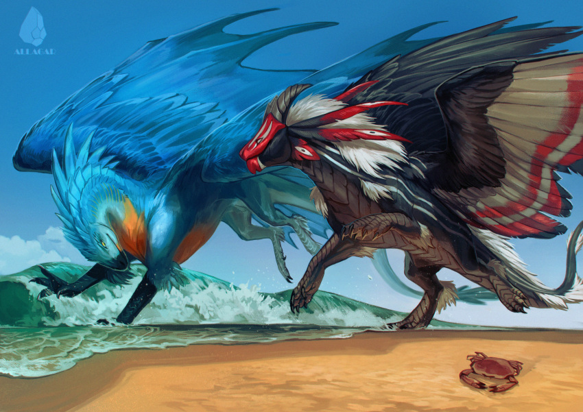 2021 absurd_res allagar ambiguous_gender beach blue_body blue_scales claws day detailed_background digital_media_(artwork) dragon feathered_dragon feathered_wings feathers feral hi_res horn membrane_(anatomy) membranous_wings outside sand scales scalie seaside shoreline sky spines standing water western_dragon wings