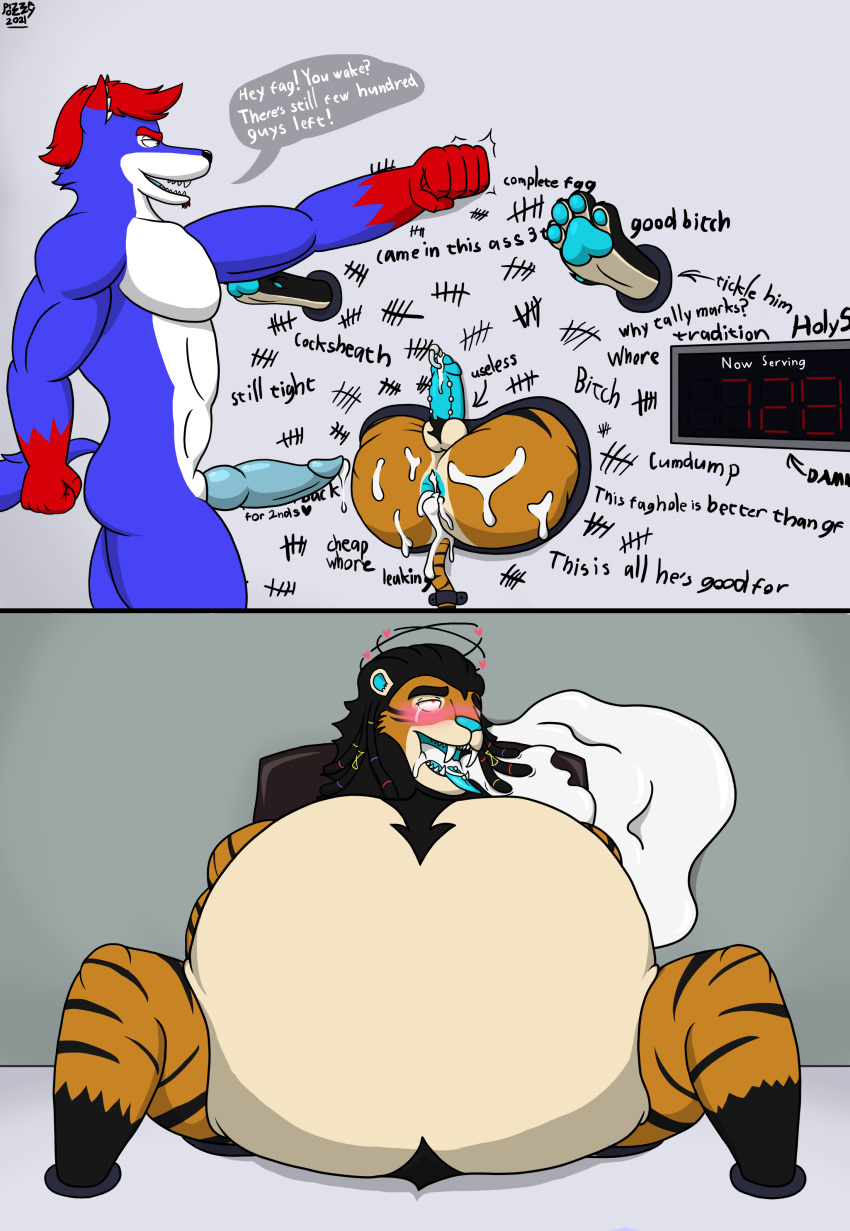 &lt;3 absurd_res after_sex anthro avarice_panthera_leo bodily_fluids butt canid canine counter cum cum_from_mouth cum_in_mouth cum_inflation cum_inside cum_overflow duo english_text felid fox fucked_silly genital_fluids graffiti hi_res hybrid hyper_inflation inflation liger lion male male/male mammal markings pantherine pizzaozzy_(artist) profanity tally text through_wall tiger