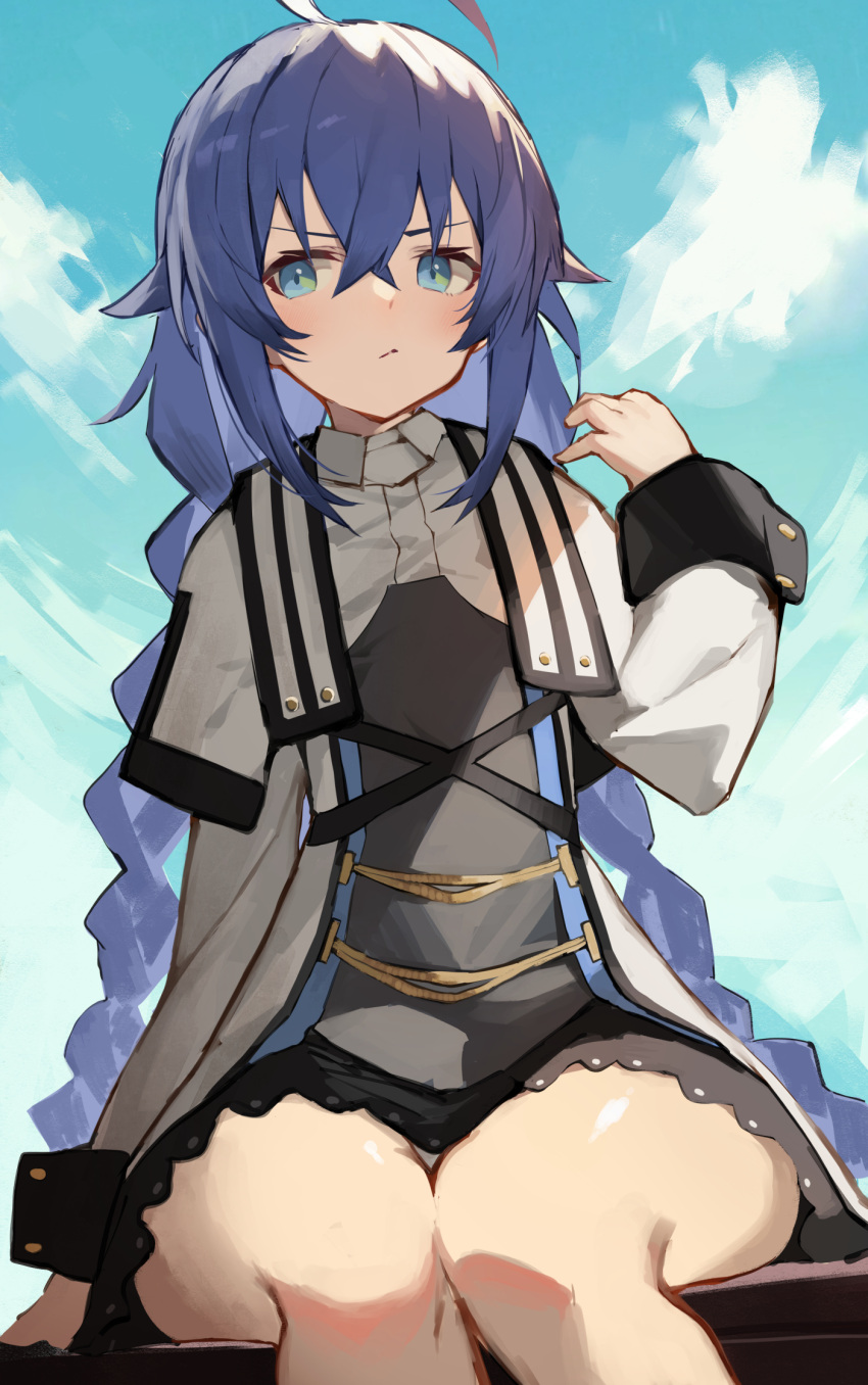 1girl ahoge bangs blue_hair blue_sky blush braid breasts capelet closed_mouth crossed_bangs dress hair_between_eyes highres long_hair long_sleeves looking_at_viewer mushoku_tensei roxy_migurdia sitting sky small_breasts thighs twin_braids yuuuuu