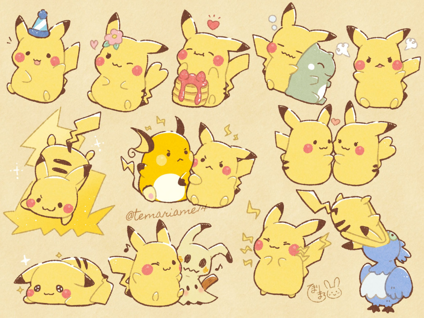 :3 bubble closed_eyes closed_mouth cramorant eyelashes flower food gen_1_pokemon gen_7_pokemon gen_8_pokemon hatted_pokemon heart highres holding holding_hand looking_at_viewer mimikyu musical_note open_mouth pancake pikachu pink_flower pokemon pokemon_(creature) raichu smile sparkle substitute_(pokemon) temariame14 wavy_mouth