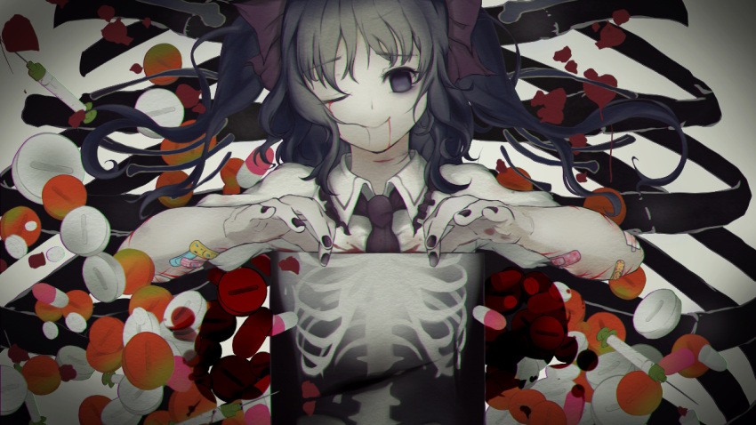 1girl anatomy bags_under_eyes bandaid bangs black_hair blood blood_from_mouth bloody_clothes bloody_tears closed_mouth collared_shirt commentary_request cookie_(touhou) cuts de_uzimushi drugs empty_eyes eyebrows_visible_through_hair hair_ribbon hata-tan himekaidou_hatate injury long_hair looking_at_viewer necktie one_eye_closed pill purple_eyes purple_ribbon ribbon ribs shirt skirt smile solo syringe touhou twintails upper_body white_background white_skirt wing_collar x-ray x-ray_film yurina_amado