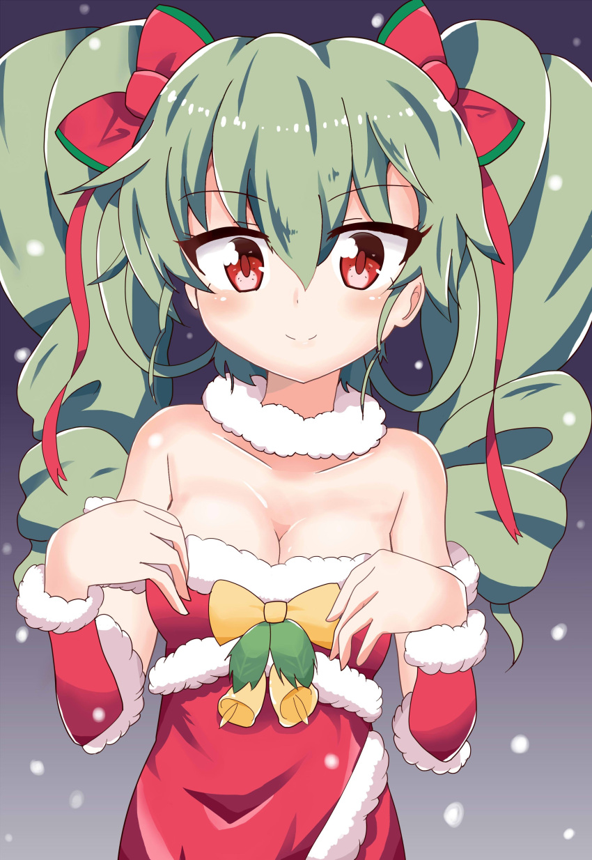 1girl absurdres anchovy_(girls_und_panzer) bangs bare_shoulders bell bow breasts christmas cleavage closed_mouth detached_sleeves dress drill_hair eyebrows_visible_through_hair fur-trimmed_sleeves fur_collar fur_trim girls_und_panzer green_hair hair_bow hair_ribbon highres long_hair looking_at_viewer medium_breasts off-shoulder_dress off_shoulder pizakame red_bow red_dress red_eyes red_ribbon red_sleeves ribbon santa_costume santa_dress smile snow solo twin_drills twintails upper_body yellow_bow