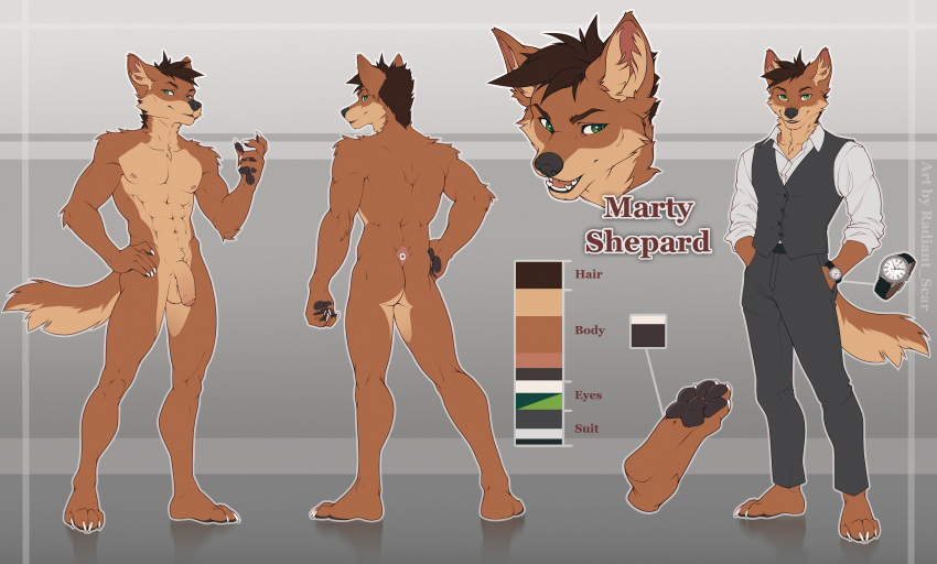 absurd_res anthro balls brown_body brown_fur brown_hair canid canine canis clothed clothing fur genitals green_eyes hair headshot hi_res huge_filesize looking_at_viewer male mammal marty_shepard model_sheet nude pallete paws penis radiant_scar solo suit_pants topwear vest wolf