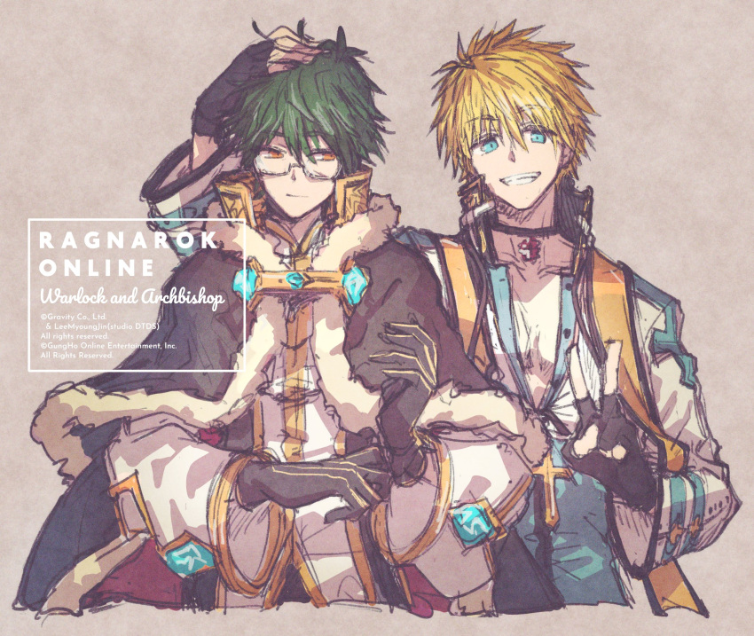 2boys archbishop_(ragnarok_online) bangs beige_background black_gloves blonde_hair blue_coat blue_eyes brown_cape cape choker closed_mouth coat eyebrows_visible_through_hair fingerless_gloves fur-trimmed_cape fur_trim glasses gloves green_hair grin hand_on_another's_head highres ichimi_(simtysiger) long_sleeves looking_at_another looking_at_viewer looking_to_the_side male_focus multiple_boys official_alternate_costume open_clothes open_coat orange_eyes ragnarok_online semi-rimless_eyewear shirt short_hair simple_background smile spiked_hair symbol_commentary teeth two-tone_coat under-rim_eyewear upper_body v warlock_(ragnarok_online) white_coat white_shirt
