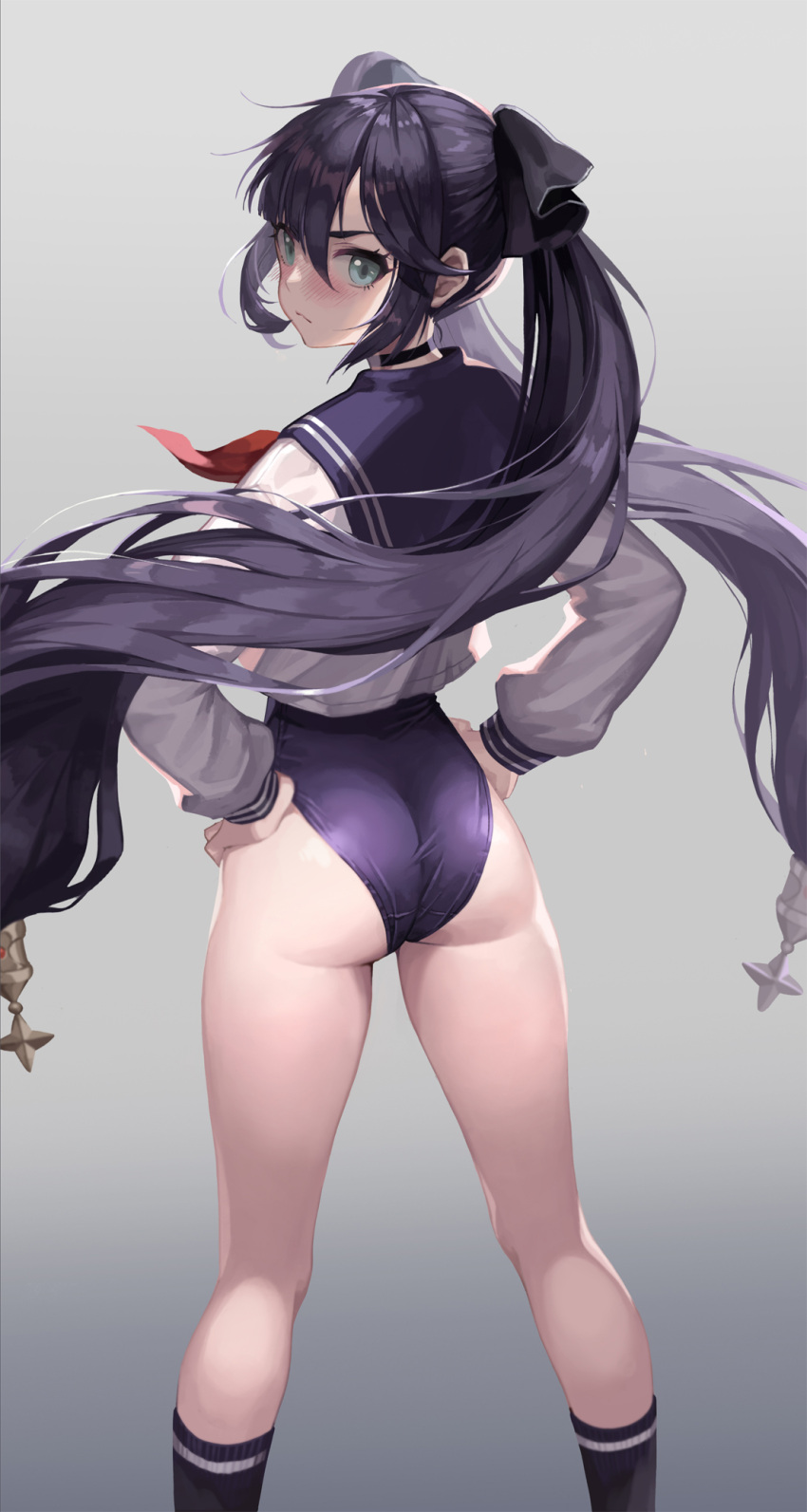 1girl ass black_choker black_hair black_legwear blue_eyes blue_swimsuit choker crop_top crop_top_overhang from_behind frown genshin_impact gradient gradient_background hair_ribbon hands_on_hips highleg highleg_swimsuit highres kneehighs long_hair long_sleeves looking_at_viewer looking_back m2_(guvn5745) mona_(genshin_impact) neckerchief one-piece_swimsuit ribbon sailor_collar sailor_shirt shirt solo swimsuit taut_clothes taut_swimsuit thighs twintails v-shaped_eyebrows very_long_hair white_shirt