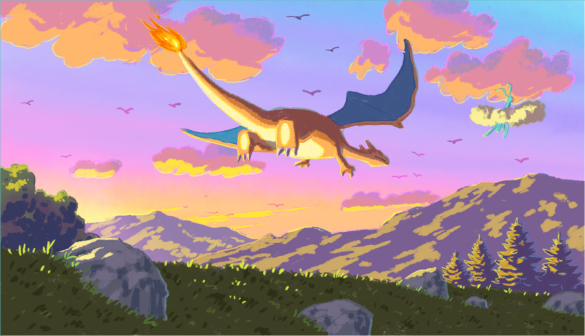 altaria bird charizard claws cloud commentary_request fire flame flying from_below gen_1_pokemon gen_3_pokemon grass illustration_room_nagi mountainous_horizon no_humans outdoors pokemon pokemon_(creature) rock silhouette sky tree