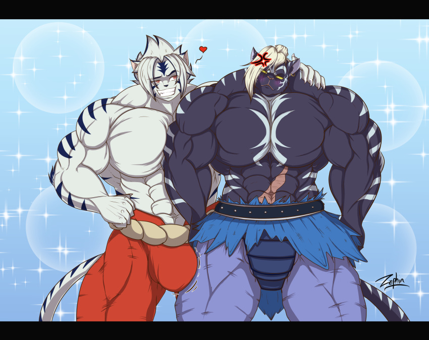 abs angry anime anthro biceps big_muscles big_pecs blush bulge bulge_rubbing clothed clothing digital_media_(artwork) duo felid flexing fur hi_res kogenta kogenta_(onmyou_taisenki) letterbox male male/male mammal muscular muscular_anthro muscular_male onmyou_taisenki pantherine pecs rangetsu rangetsu_(onmyou_taisenki) simple_background smile smirk standing tiger zephir