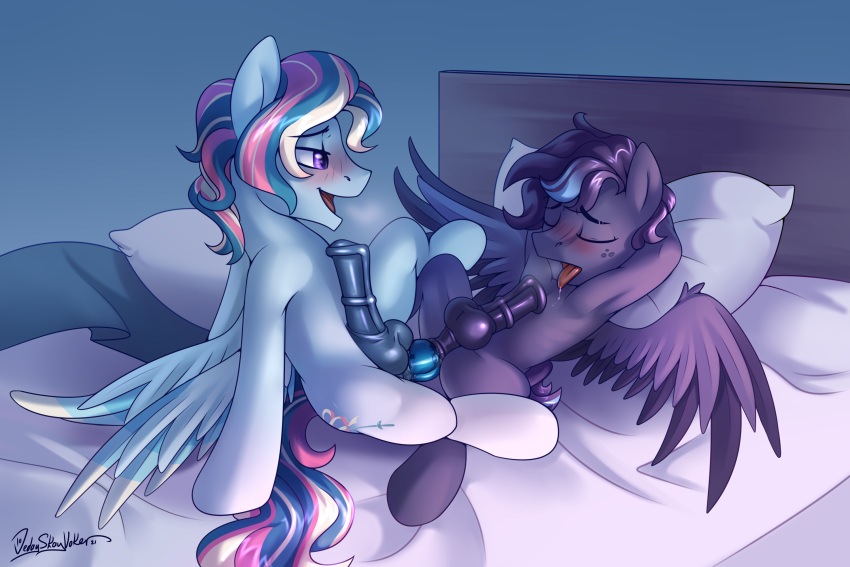 2021 3:2 anal anal_penetration animal_genitalia animal_penis balls bed blue_background blue_body blue_feathers blue_fur blue_wings blush breath cutie_mark dildo dildo_in_ass dildo_penetration double_dildo duo english_text equid equine equine_penis erection eyes_closed fan_character feathered_wings feathers feral flared_penis fur furniture genitals hasbro hi_res jedayskayvoker looking_at_another lying male male/male mammal mane medial_ring multicolored_mane multicolored_tail my_little_pony on_bed open_mouth pegasus penetration penis pillow purple_body purple_eyes purple_feathers purple_fur purple_mane purple_wings sex sex_toy sex_toy_in_ass sex_toy_penetration signature simple_background spread_wings text tongue tongue_out wings