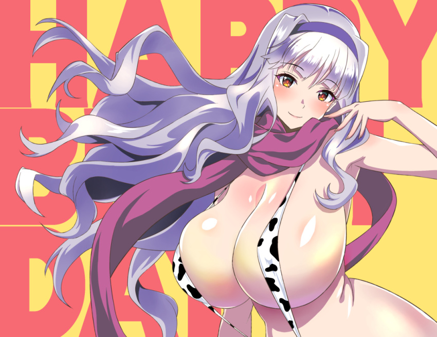 1girl alternate_breast_size animal_print bangs blunt_bangs breasts closed_mouth cow_print eyebrows_visible_through_hair hairband hand_up happy_birthday huge_breasts idolmaster idolmaster_(classic) long_hair looking_at_viewer nekokan_(cat's_cradle) orange_eyes purple_hairband red_scarf scarf shijou_takane slingshot_swimsuit smile solo swimsuit upper_body white_hair yellow_background