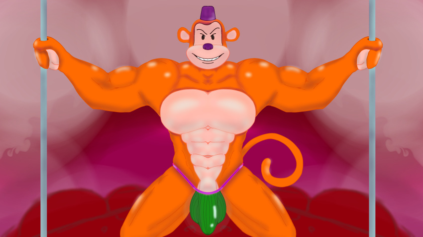 16:9 anthro big_bulge bulge clothing glistening glistening_body glistening_skin haplorhine hat headgear headwear hehdgd hi_res jockstrap kneeling love_bed male mammal monkey monkeybone monkeybone_(character) multicolored_body muscular muscular_anthro muscular_male pole primate purple_clothing purple_hat purple_headwear smiling_at_viewer solo stripper_pole toony two_tone_body underwear widescreen