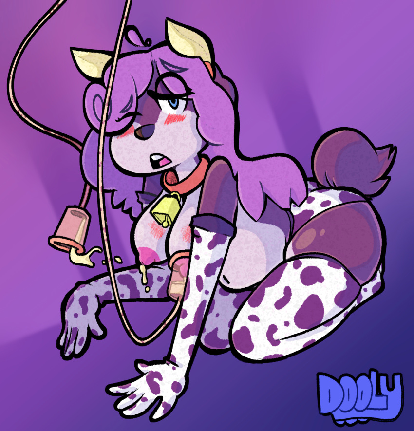 animal_print anthro big_breasts bodily_fluids breast_milking breasts canid canine canis cow_print cowprint_lingerie domestic_dog doolyboobieboy female hair hi_res lactating machine mammal milk milking_machine purple_hair shy slightly_chubby solo