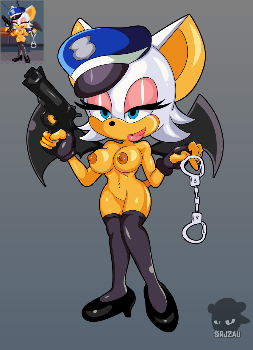 absurd_res bat_wings breasts butt chiropteran female genitals gums gun handcuffs handgun hi_res mammal membrane_(anatomy) membranous_wings officer pistol police_hat project_x_love_potion_disaster pussy ranged_weapon rouge_the_bat sega shackles sirjzau solo sonic_the_hedgehog_(series) video_games weapon wings