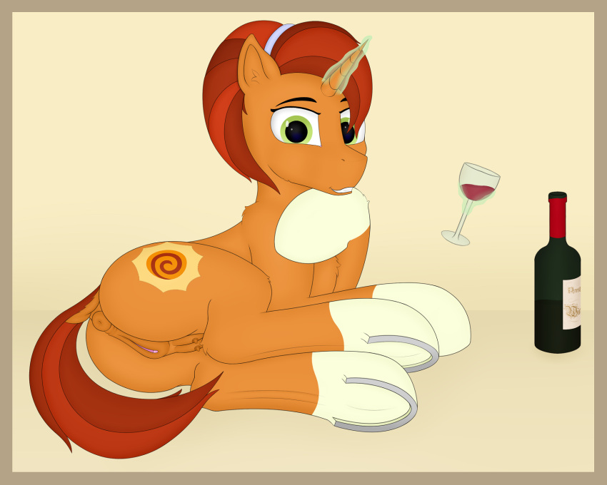 5:4 alcohol animal_genitalia animal_pussy anus beverage border butt cutie_mark equid equine equine_pussy female friendship_is_magic genitals hasbro hi_res hooves horn horse looking_at_viewer lying mammal my_little_pony on_side pony pussy simple_background solo stellar_flare_(mlp) teats themadsurgeon unicorn wine wine_bottle wine_glass yellow_border