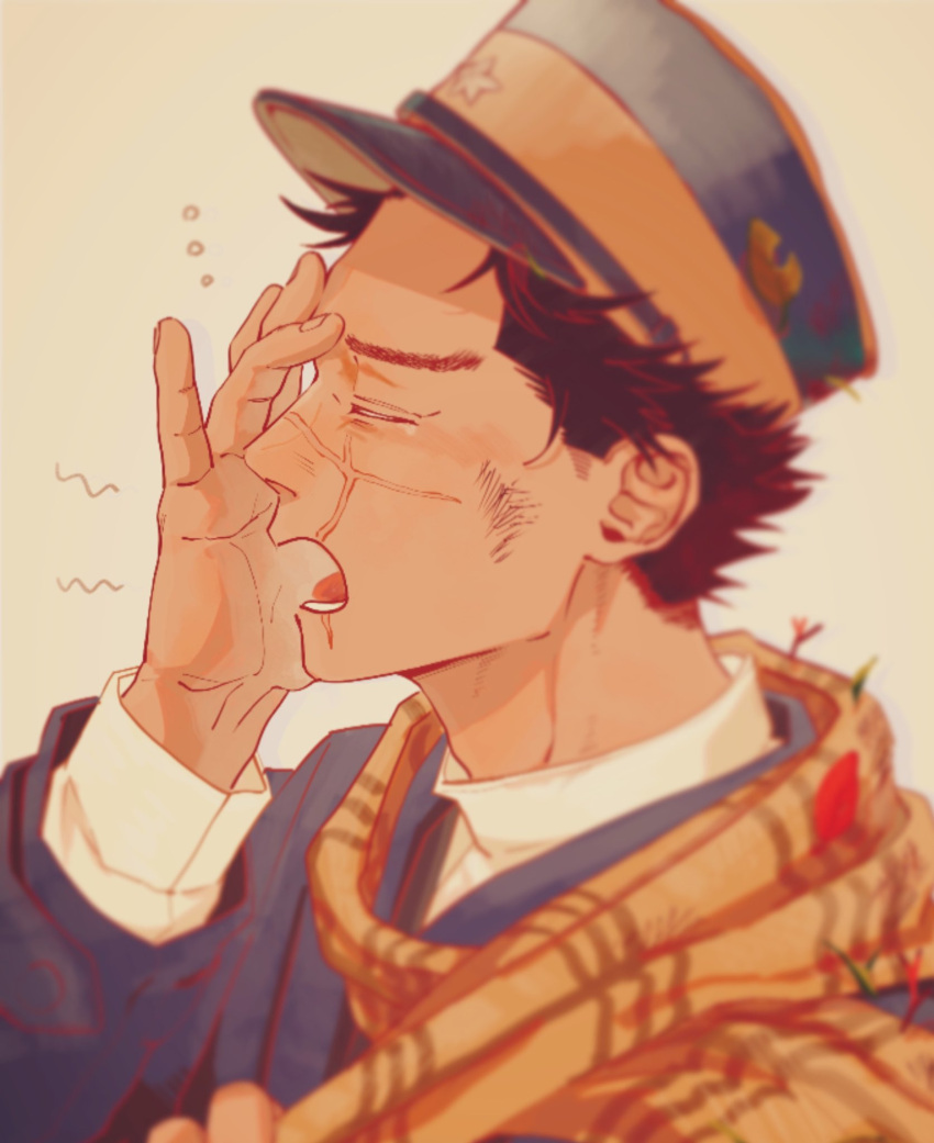 1boy blush brown_eyes brown_hair collared_jacket from_side golden_kamuy hat highres imperial_japanese_army kepi kotta_(pesan102) long_sleeves male_focus military military_hat military_uniform scar scar_on_cheek scar_on_face scar_on_mouth scar_on_nose short_hair simple_background solo spiked_hair sugimoto_saichi uniform upper_body