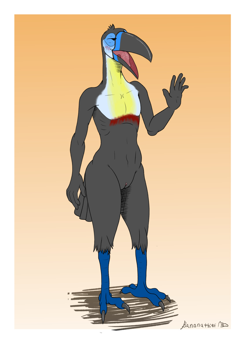 absurd_res andromorph anthro avian bananathief bird channel-billed_toucan coco_blue hi_res intersex nude ramphastos simple_background smile solo toucan waving_hand