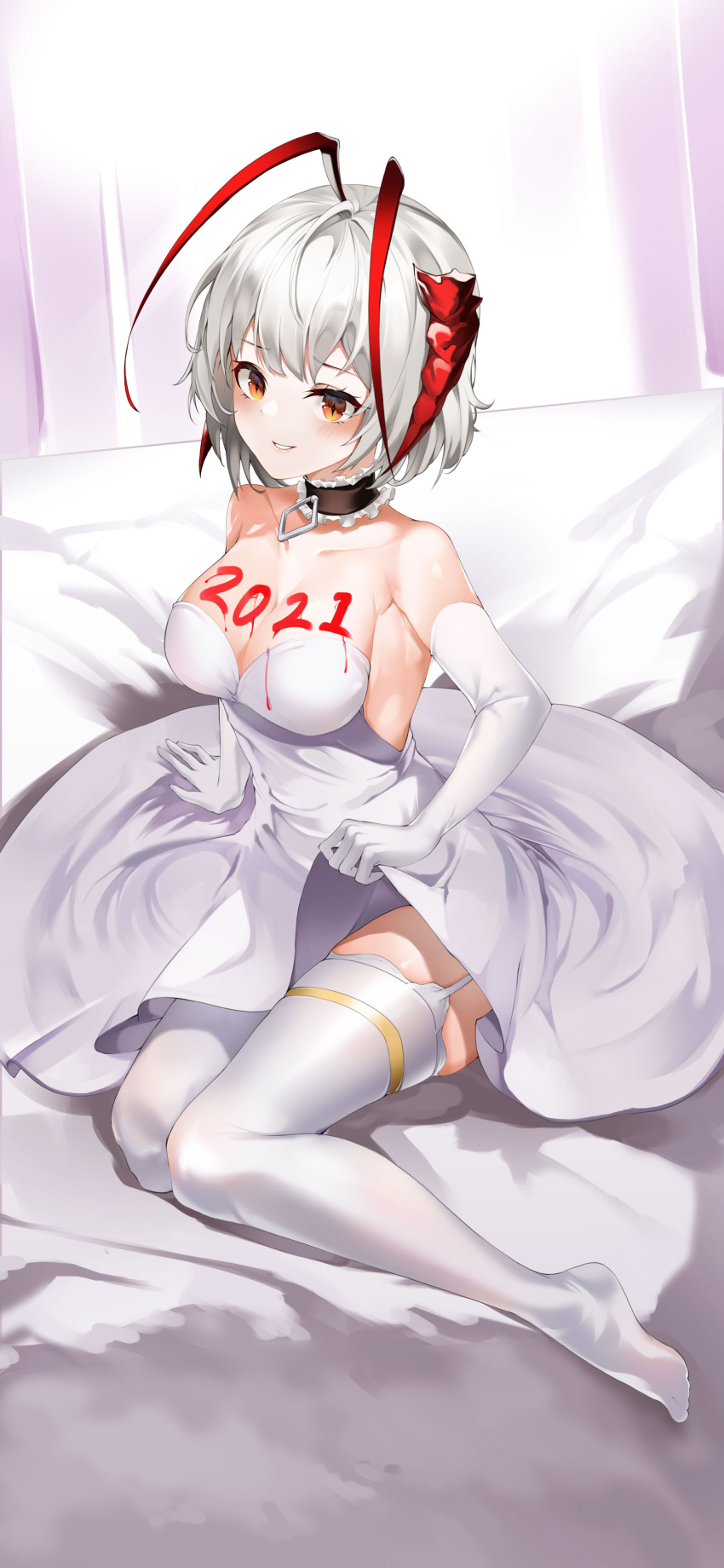 1girl 2021 absurdres antenna_hair arknights bare_shoulders bodypaint demon_girl demon_horns demon_tail dress elbow_gloves feet gloves highres horns looking_at_viewer nevin_(flyskying) paint pantyhose red_horns short_hair silver_hair skirt symbol_commentary tail thighhighs w_(arknights) white_dress white_gloves white_legwear white_skirt white_theme