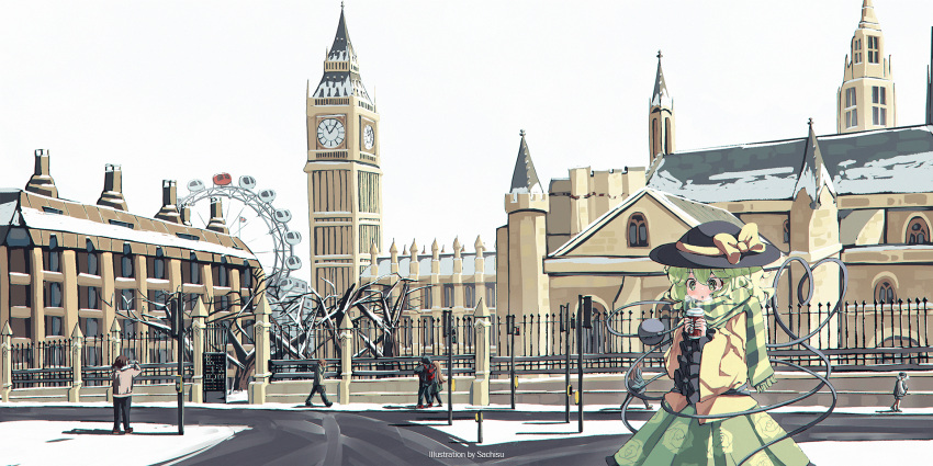 1girl artist_name black_headwear blush bow breath building clock clock_tower cup elizabeth_tower english_commentary flag floral_print frilled_sleeves frills green_eyes green_hair green_scarf green_skirt hat hat_bow heart heart_of_string highres holding holding_cup hot_chocolate komeiji_koishi london london_eye long_sleeves rose_print sachisudesu scarf shirt skirt snow striped striped_scarf third_eye touhou tower tree union_jack westminster_palace wide_sleeves winter yellow_bow yellow_scarf yellow_shirt
