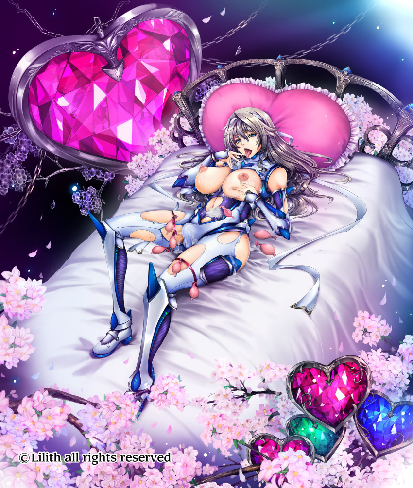 1girl absurdres blue_eyes bodysuit breasts bulge chijo condom_belt cum female_pervert framed_breasts futanari heart highres large_breasts lilith-soft long_hair looking_at_viewer lying on_back on_bed open_mouth pervert platinum_blonde_hair sample taimanin_rpgx tana_(garyuh-chitai) torn_clothes