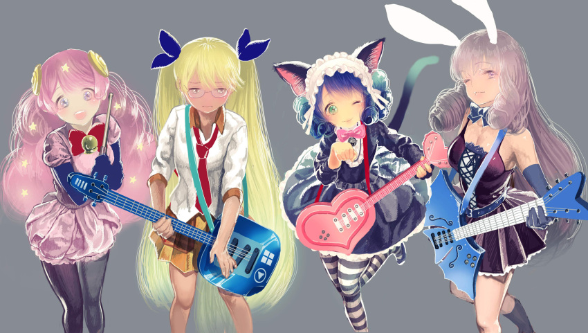 4girls animal_ears bell black_bow black_dress black_legwear blue_gloves blue_hair bow bowtie breasts cat_ears cat_tail chuchu_(show_by_rock!!) cleavage collared_shirt curly_hair cyan_(show_by_rock!!) dress elbow_gloves feet_out_of_frame gloves green_eyes grey_background guitar highres instrument long_hair long_sleeves looking_at_viewer mablex moa_(show_by_rock!!) multiple_girls necktie one_eye_closed pink_bow pink_hair playboy_bunny pleated_skirt purple_eyes purple_hair red_bow retoree shirt show_by_rock!! simple_background skirt striped striped_legwear tail very_long_hair white_shirt yellow_skirt